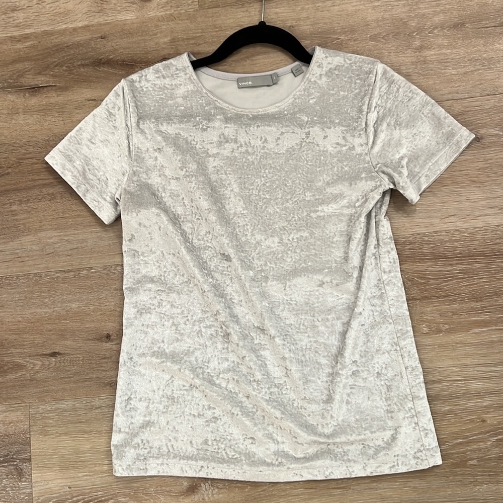 Vince Silver Crushed Velvet Tee – Luxe Minimalist Top XS NWT